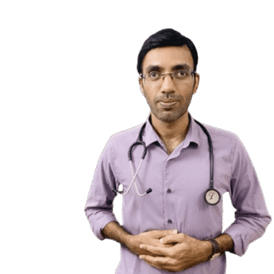 Dr Prasoon C, MBBS, in a lavender shirt with a stethoscope, hands folded, on a plain white background