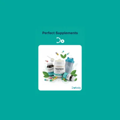 Perfect Supplements: a selection of Dofody supplement tubs and bottles on a teal background