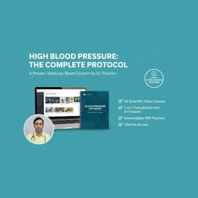 ഡോ. പ്രസൂണിന്റെ ഉയർന്ന രക്തസമ്മർദ്ദം: സമ്പൂർണ്ണ പ്രോട്ടോക്കോൾ കോഴ്സ്, ലാപ്ടോപ്പിൽ കാണിക്കുന്ന വീഡിയോ പാഠങ്ങൾ.