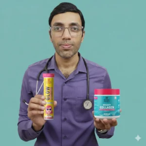 ഒരു കൈയിൽ ഗ്ലൂട്ടത്തയോണും മറു കൈയിൽ കൊളാജനും പിടിച്ച് ഡോ. പ്രസൂൺ