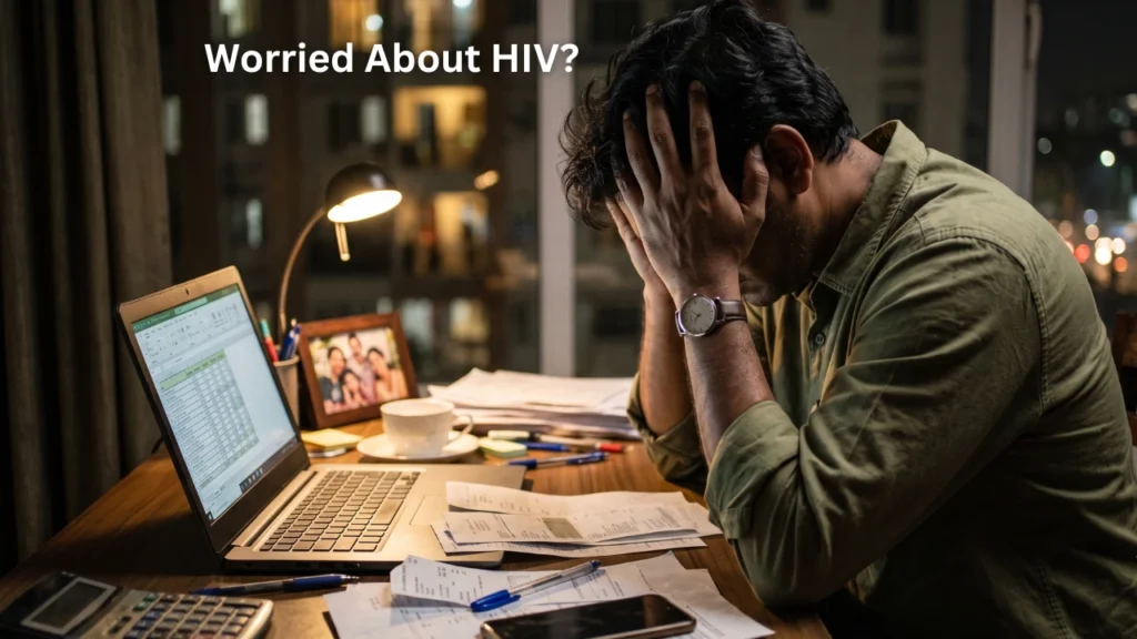 a man worried sitting in front of laptop searching hiv symptoms