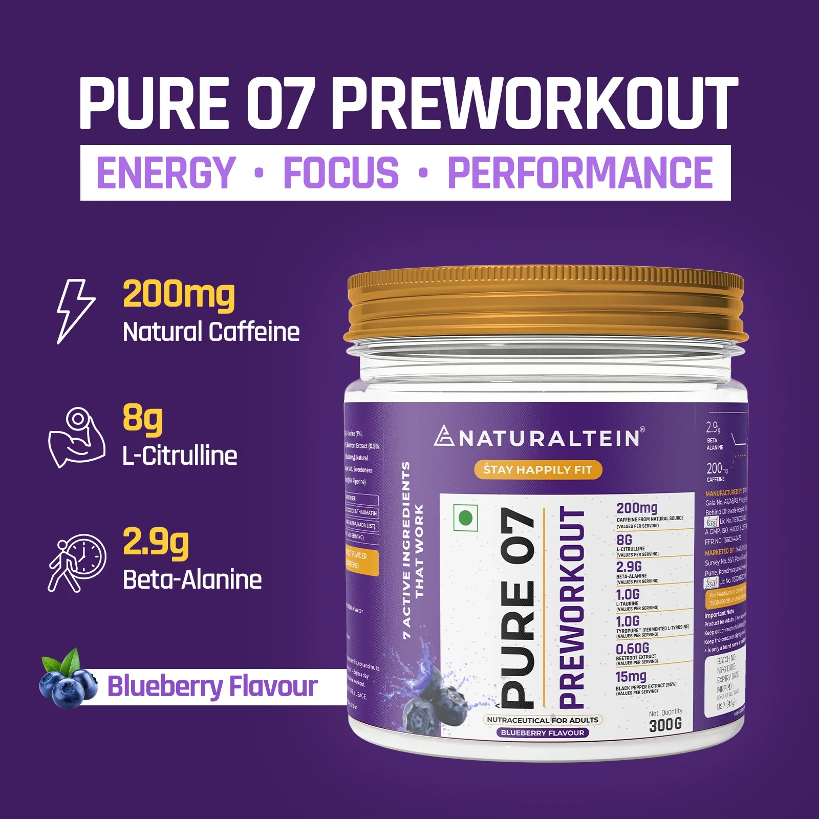 A graphic showing the Pure 07 preworkout with its main ingredients summarised in the side