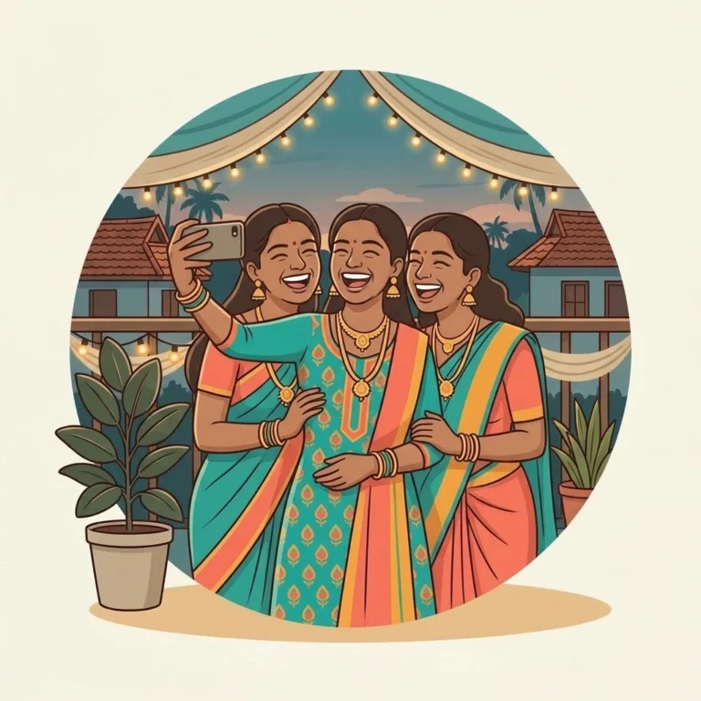 Illustration of young Kerala women laughing and taking a selfie at a wedding, representing skin and hair care