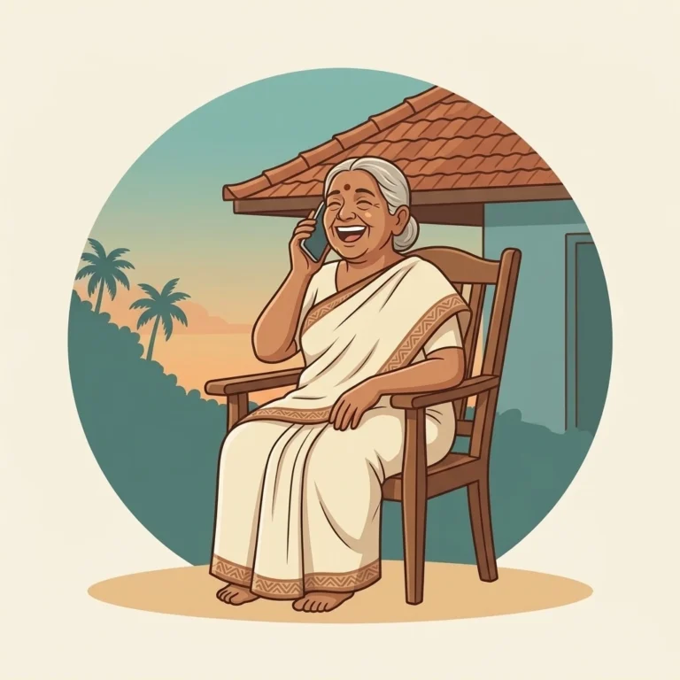 An illustration of a Kerala mother talking over phone with her loved one without struggling indicating ENT support she gets through dofody