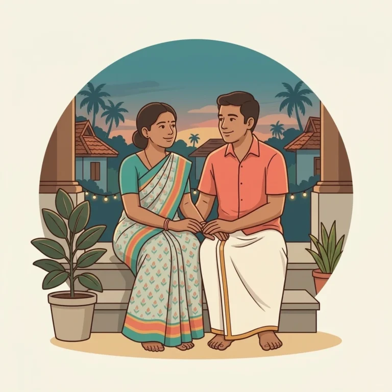 A young Keralite couple sits together on the front steps of their home in the warm evening light, holding hands and talking hopefully about building their family after consulting a fertility specialist online Kerala.