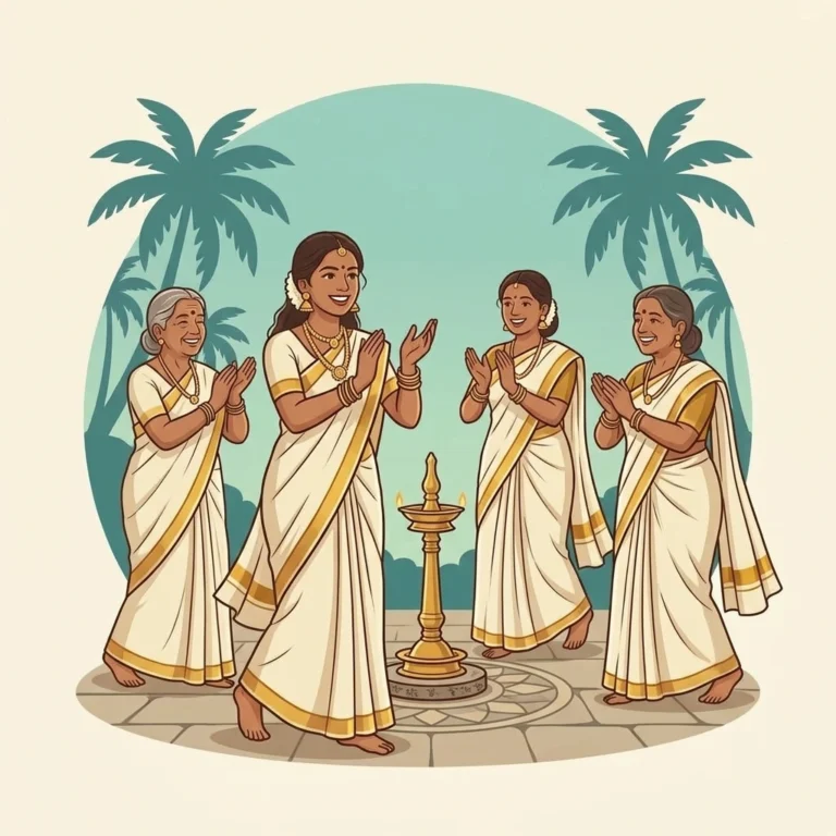 Illustration of Kerala women in kasavu sarees dancing Thiruvathira around a brass lamp, representing womens health care