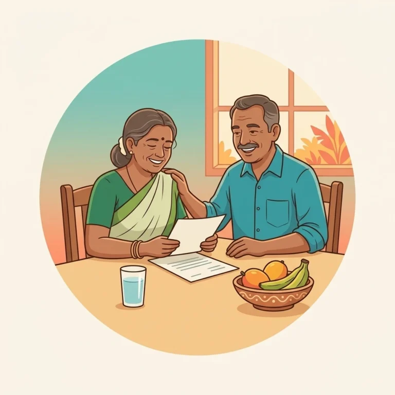 An illustration of a Kerala couple reading their kidney report relieved and smiling