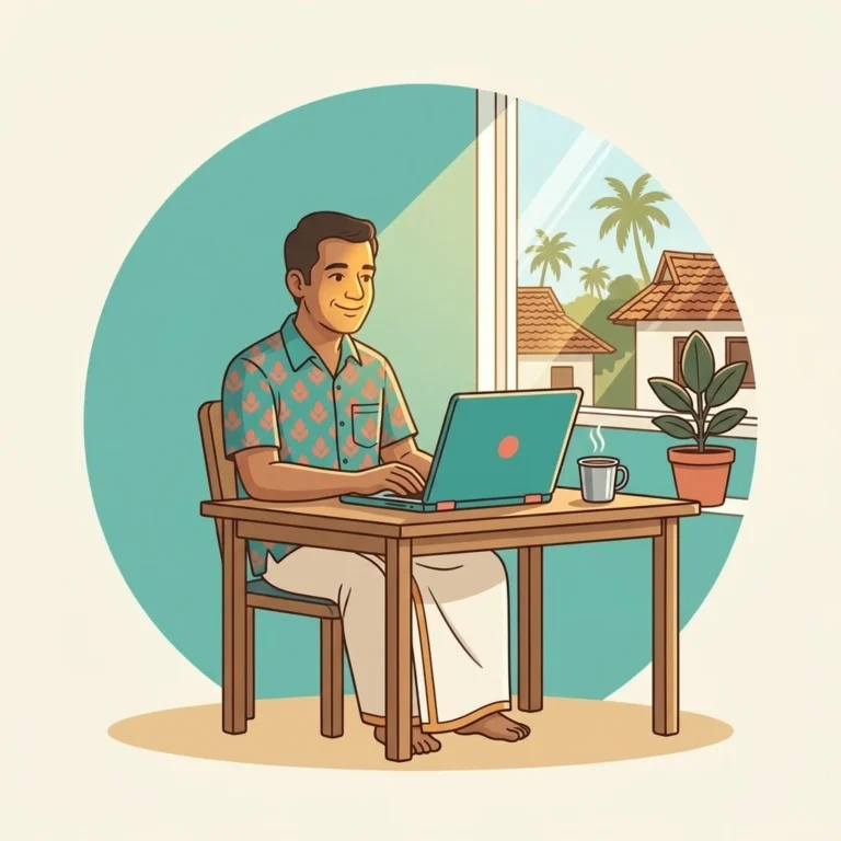 Illustration of a man working comfortably at a laptop in bright daylight, representing neurology and headache care