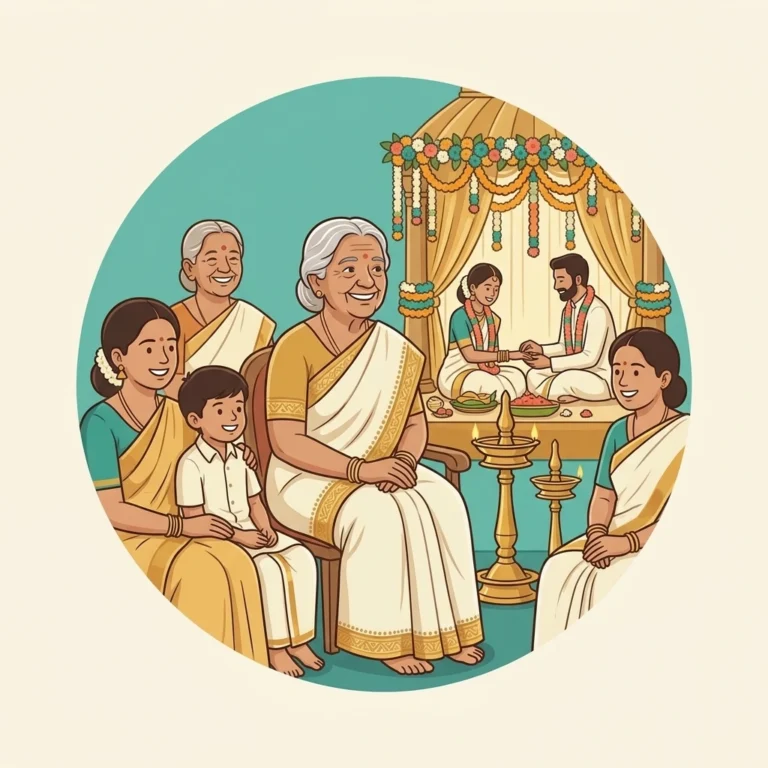 A smiling grandmother in Kerala seated in the front row with family at her granddaughter's wedding, surrounded by warm gold and cream floral decor. She joyfully watches the ceremony, celebrating a precious day with loved ones following her oncology treatment.