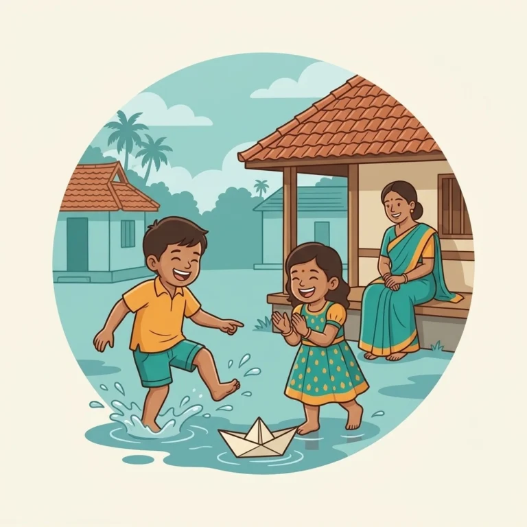 Illustration of two children playing in monsoon rain with a paper boat while their mother watches, representing child health care