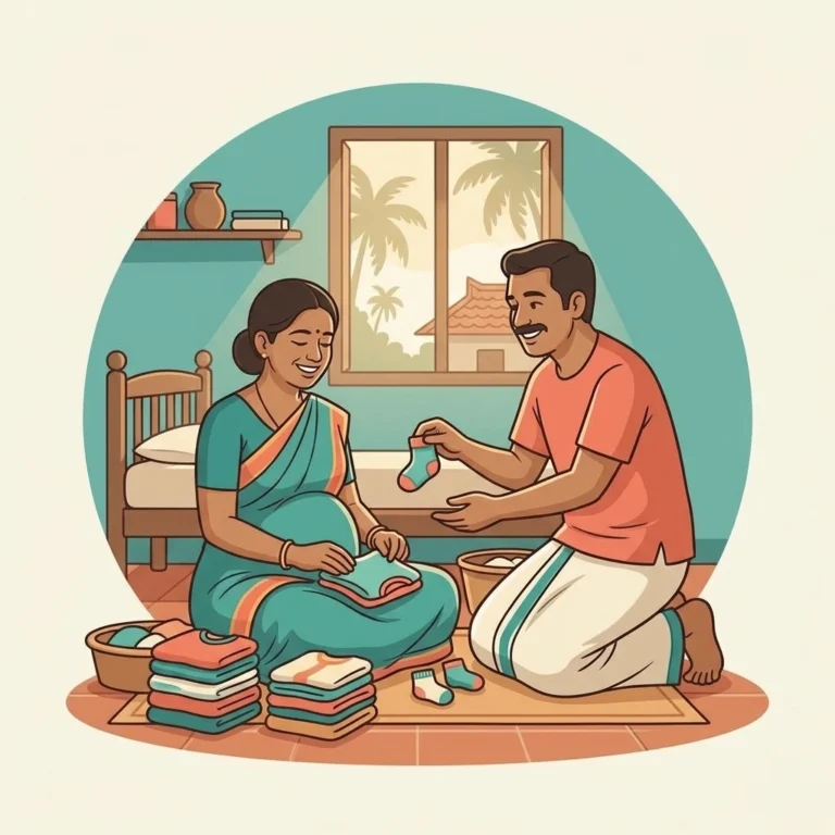 Illustration of an expectant Kerala mother and her husband folding baby clothes at home, representing pregnancy care