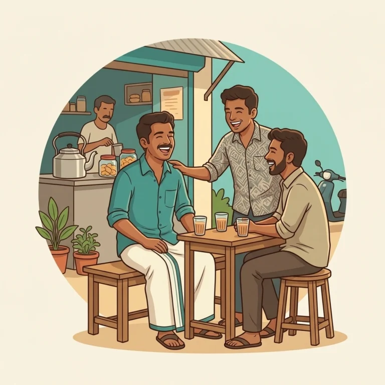 Illustration of three friends laughing over tea at a Kerala tea shop, representing mental health support
