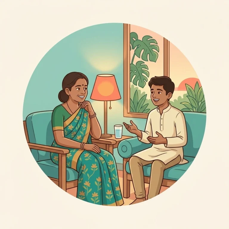 An illustration of a Keralite teenager listening to his parents sitting on a sofa indicating the results of psychology support he received
