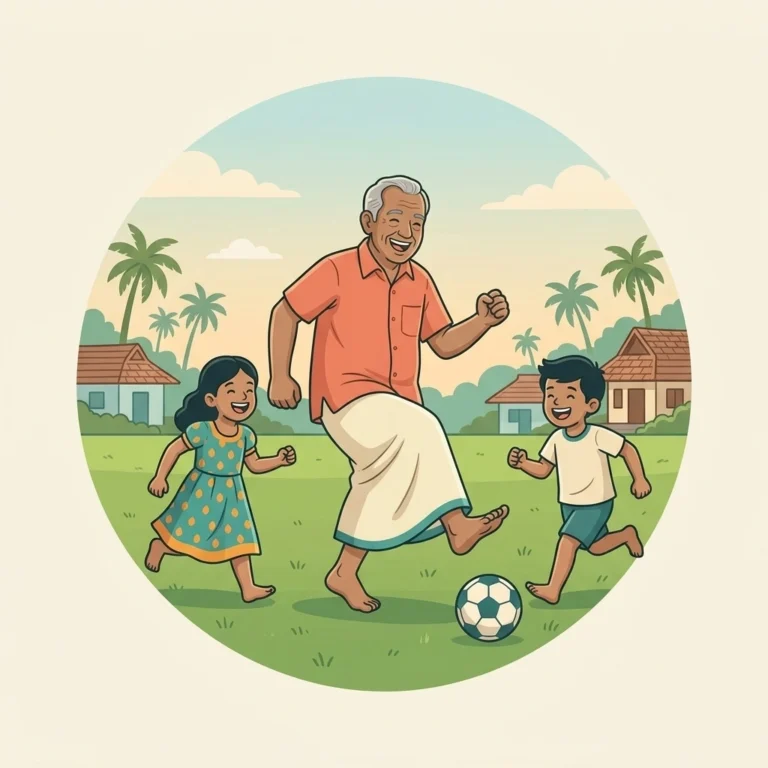 A Keralite grandfather breathes easily and laughs mid-stride while playing football with his two grandchildren on a grassy field bordered by coconut palms, enjoying an active life after consulting a lung specialist online Kerala.