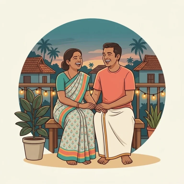 Illustration of a Kerala couple laughing together on their balcony at dusk, representing sexual health support for couples