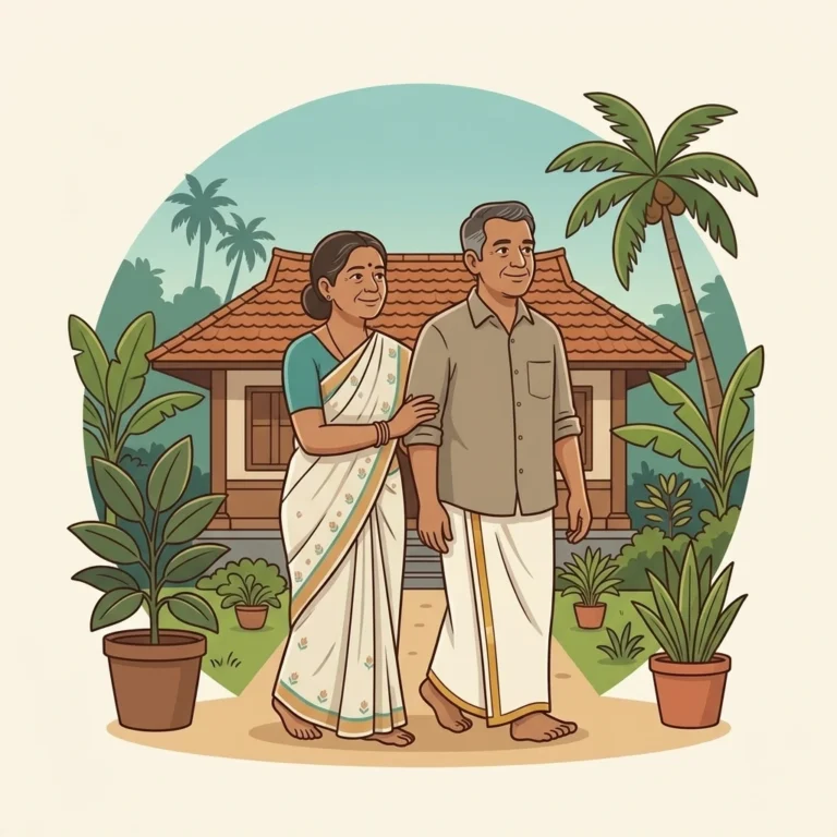 Keralite man in his fifties walking slowly and steadily in the garden of his home An illustration showing a few days after a surgery, his wife beside him with a light hand on his arm, both calm and quietly pleased. Morning light, tiled roof and plants behind.
