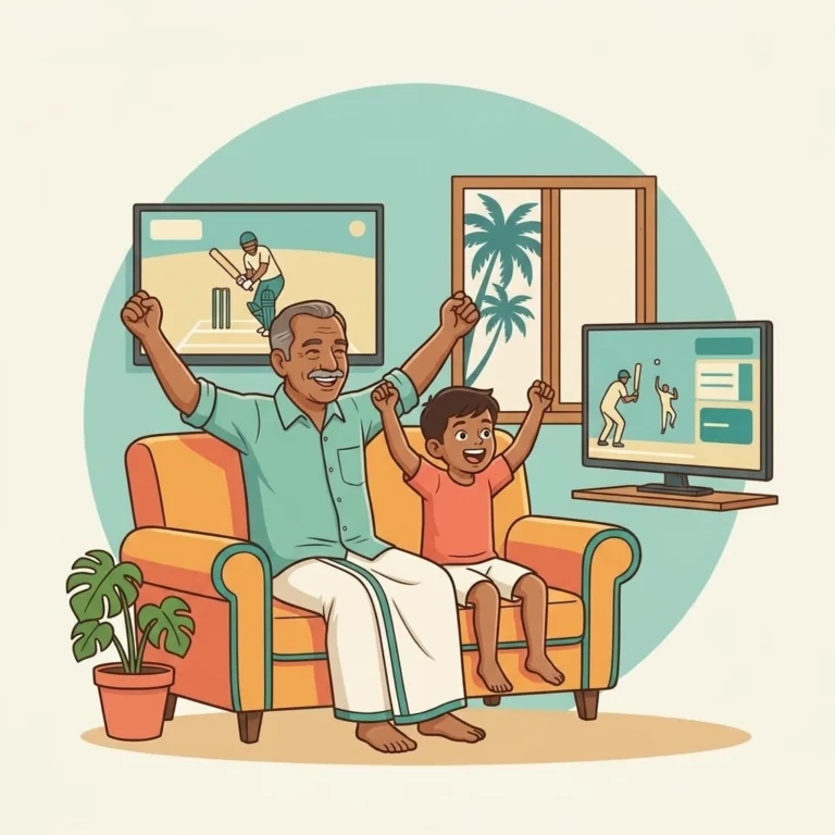 Illustration of a grandfather and grandson cheering a cricket match at home, representing urology care