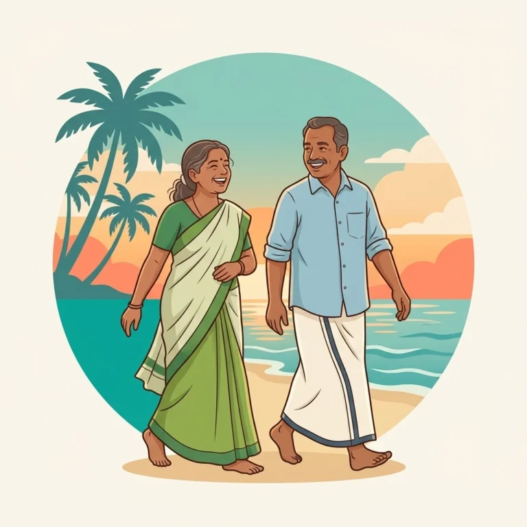 Illustration of an older Kerala couple walking happily along a beach at sunset, representing everyday wellness
