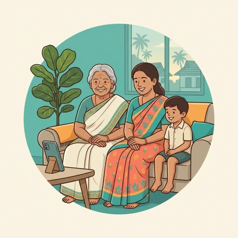 An illustration showing Three generations of a Kerala family, a grandmother, a mother and a young child, sitting together on a sofa looking at a phone propped in front of them, relaxed and smiling, as if their family doctor is right there.