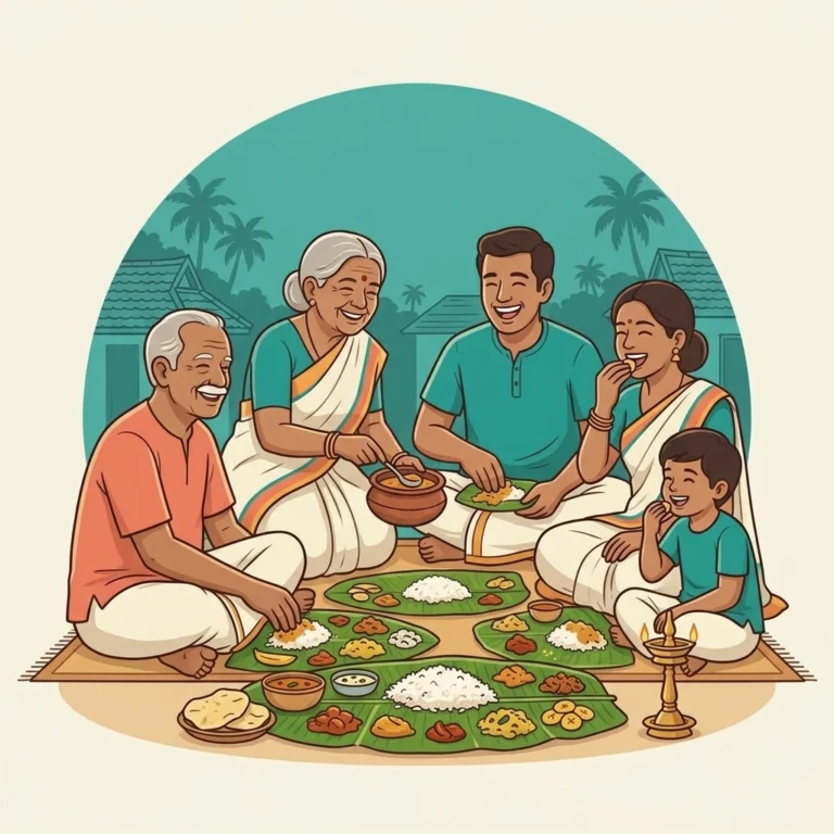Illustration of a Kerala family sitting together eating a sadya from banana leaves, representing digestive health care