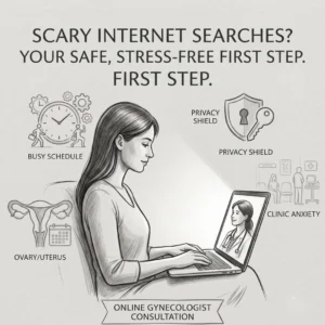 An illustration of a lady consulting a gynecologist online