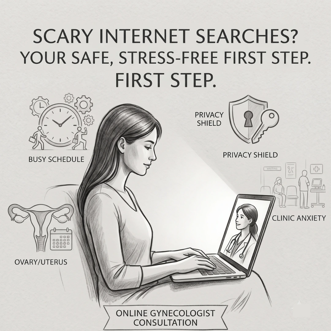 An illustration of a lady consulting a gynecologist online