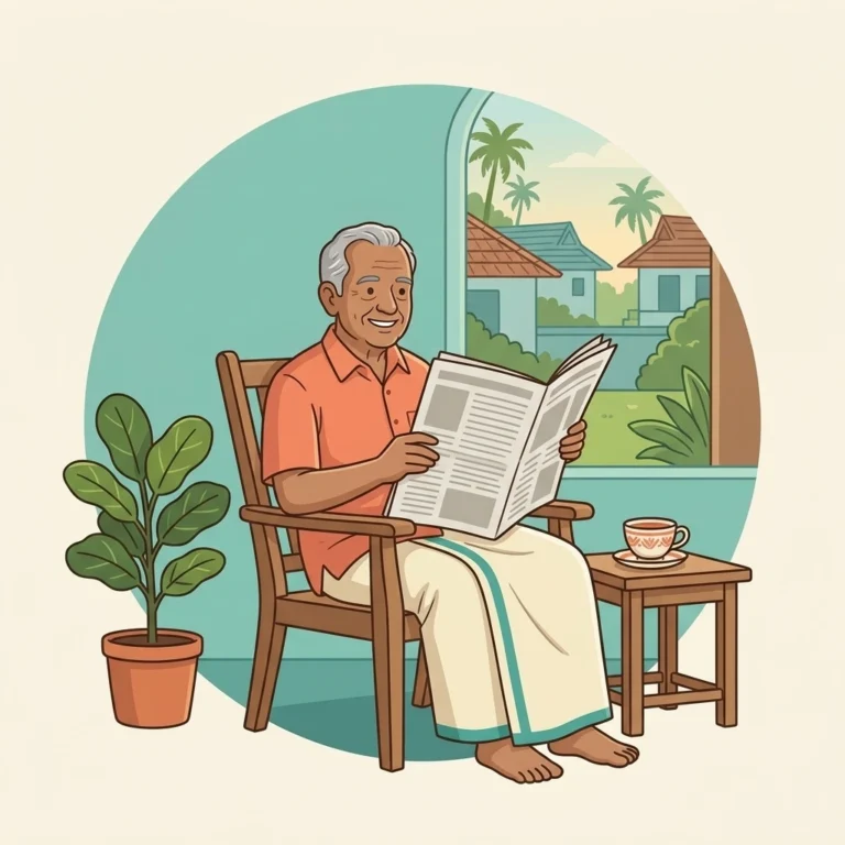 A relaxed Keralite grandfather sits in his veranda chair reading a morning newspaper clearly and without strain, enjoying his tea after consulting an eye specialist online.