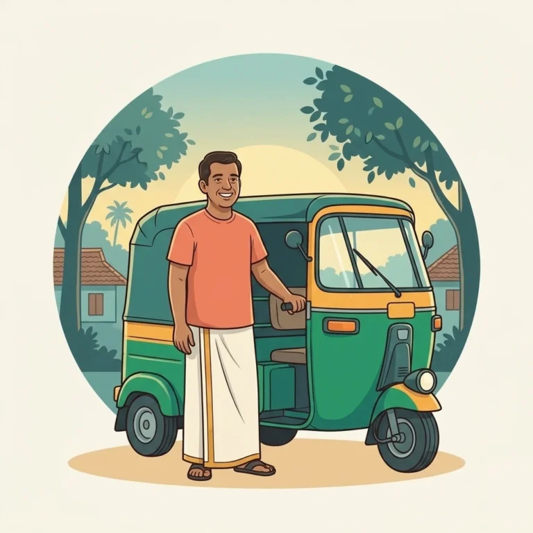 Illustration of an auto-rickshaw driver standing beside his auto in the morning sun, representing general physician care