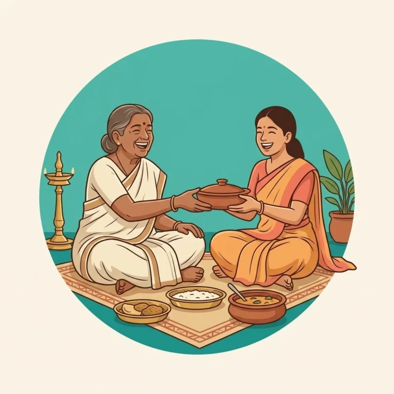 An illustration of an old Kerala lady enjoying traditional lunch indicating the continuous Rheumatology support she gets online from Dofody