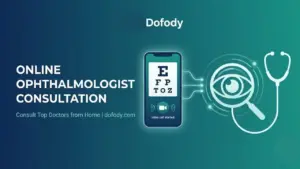 A graphic showing a stethoscope with an eye lens , a mobile phone and caption of online ophthalmologist consultation on Dofody