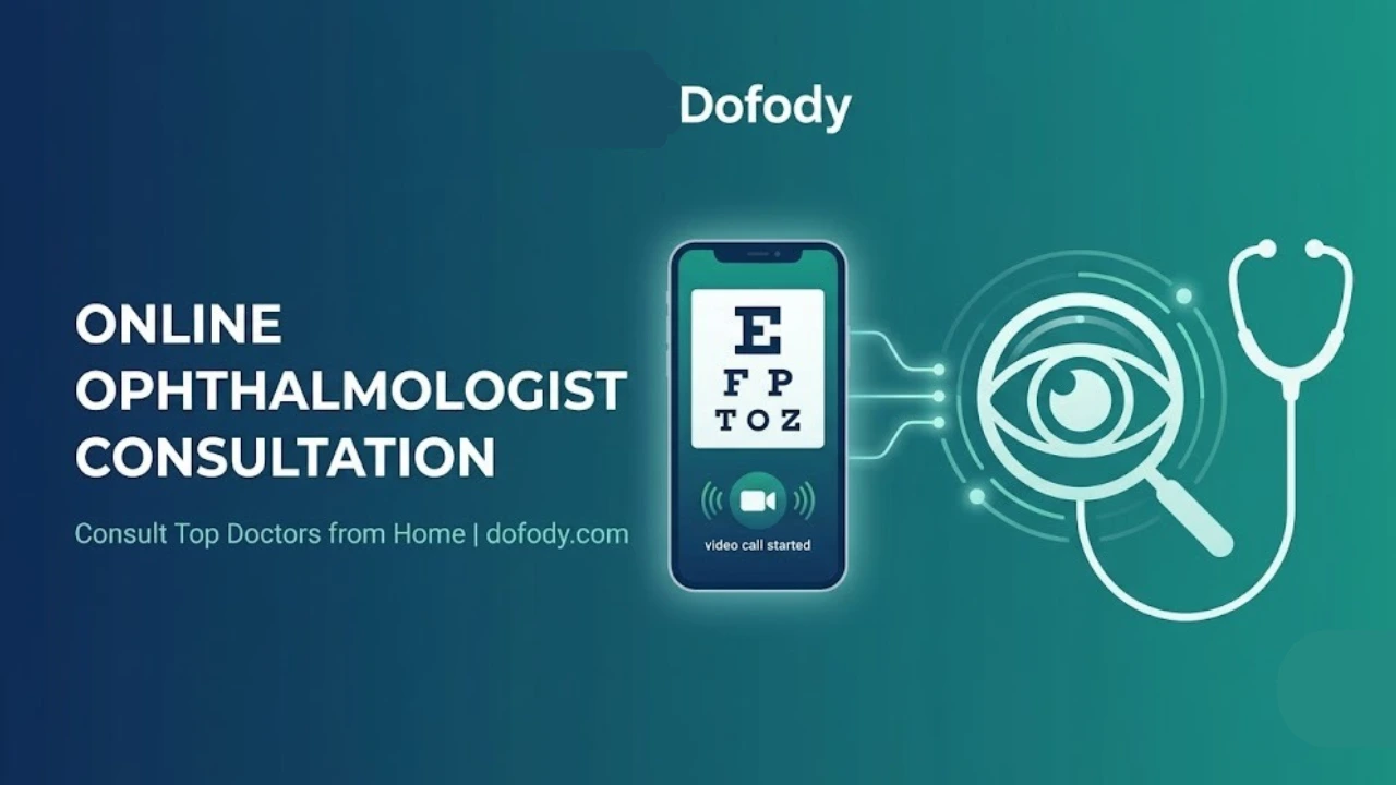 A graphic showing a stethoscope with an eye lens , a mobile phone and caption of online ophthalmologist consultation on Dofody